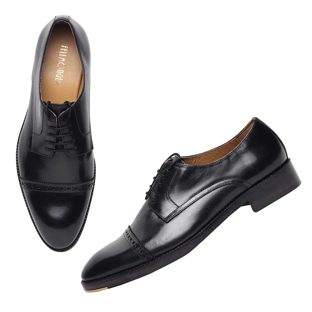 Black Classic Mirror Glossed Semi Brogue Captoe Derby With Metal Toe