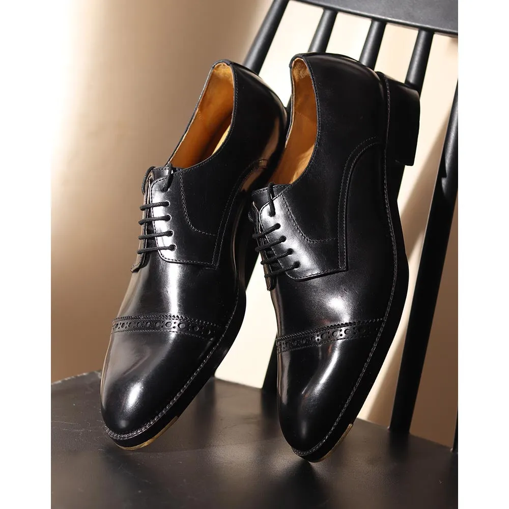 Black Classic Mirror Glossed Semi Brogue Captoe Derby With Metal Toe