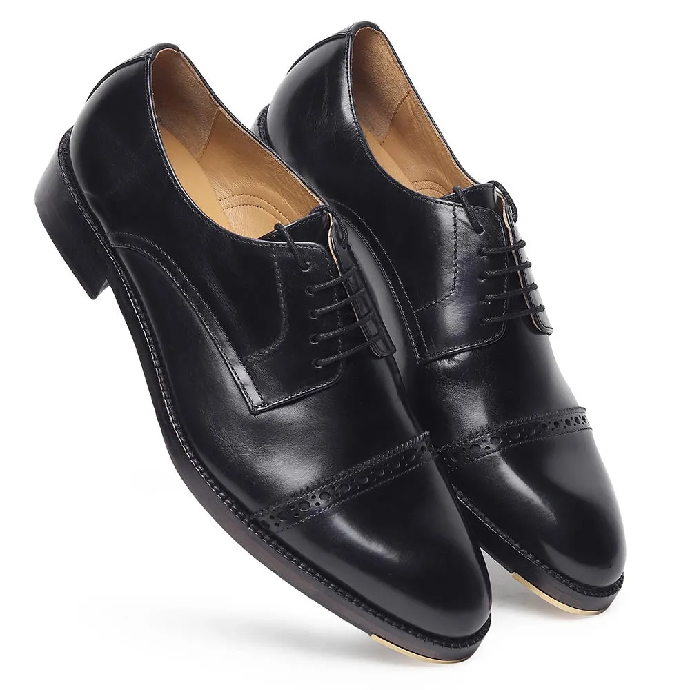 Black Classic Mirror Glossed Semi Brogue Captoe Derby With Metal Toe