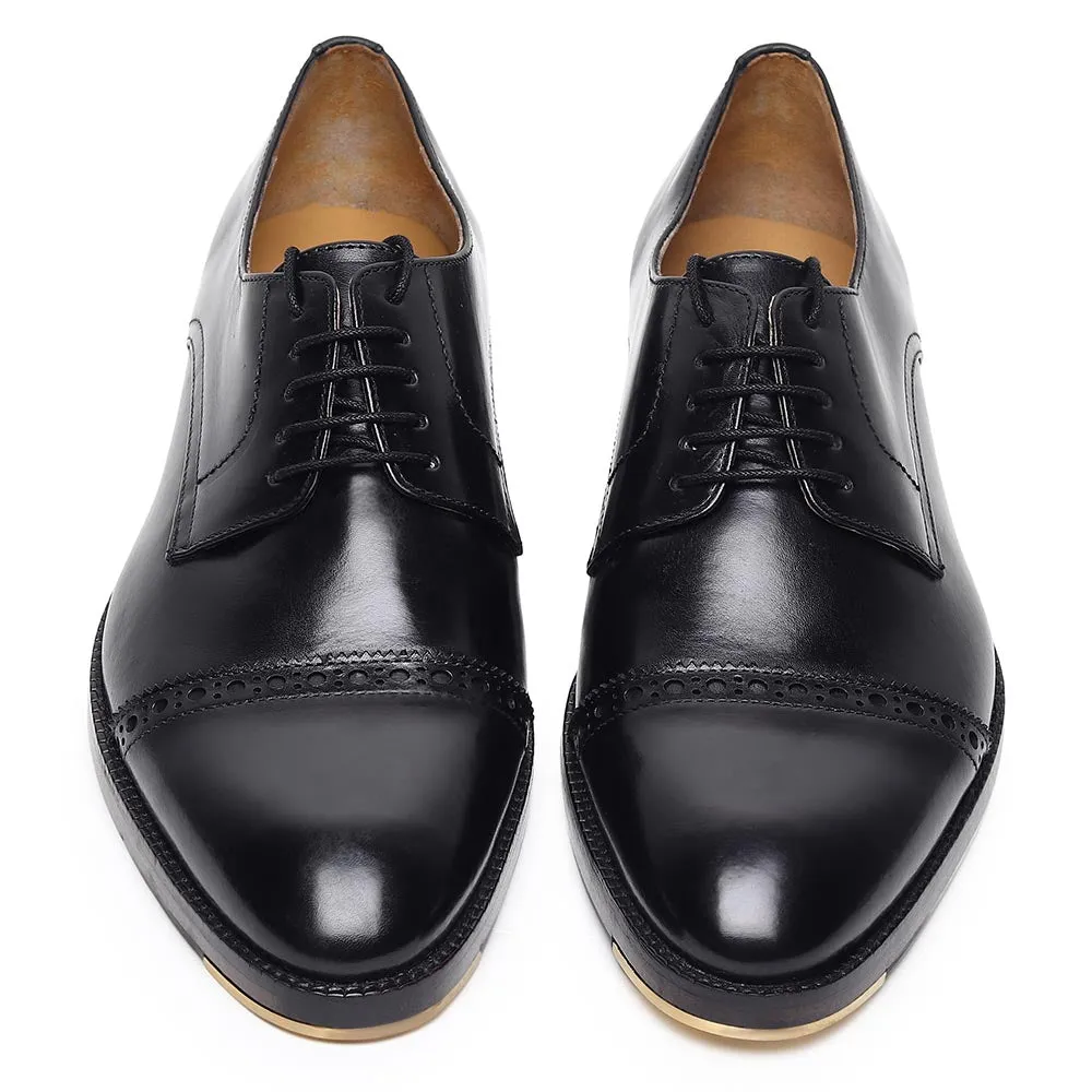 Black Classic Mirror Glossed Semi Brogue Captoe Derby With Metal Toe