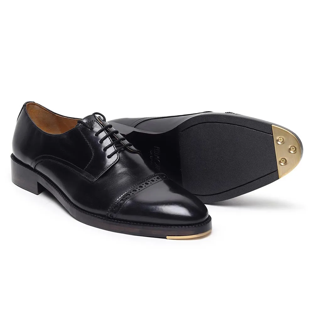 Black Classic Mirror Glossed Semi Brogue Captoe Derby With Metal Toe