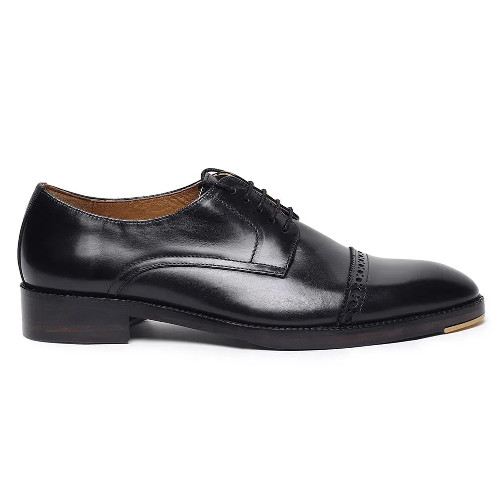 Black Classic Mirror Glossed Semi Brogue Captoe Derby With Metal Toe
