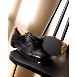 Black Classic Mirror Glossed Semi Brogue Captoe Derby With Metal Toe