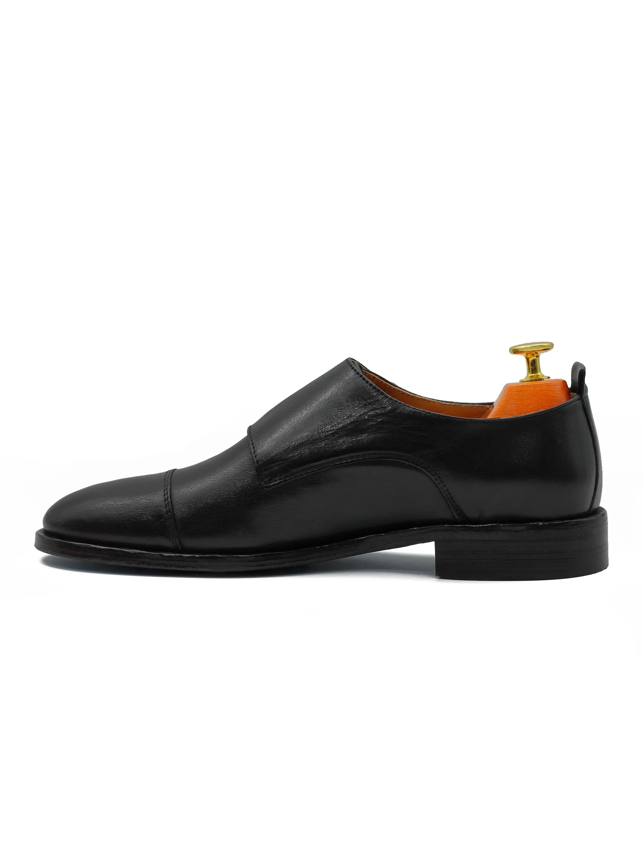 BLACK ITALIAN CALFSKIN DOUBLE BUCKLE MONK LOAFER