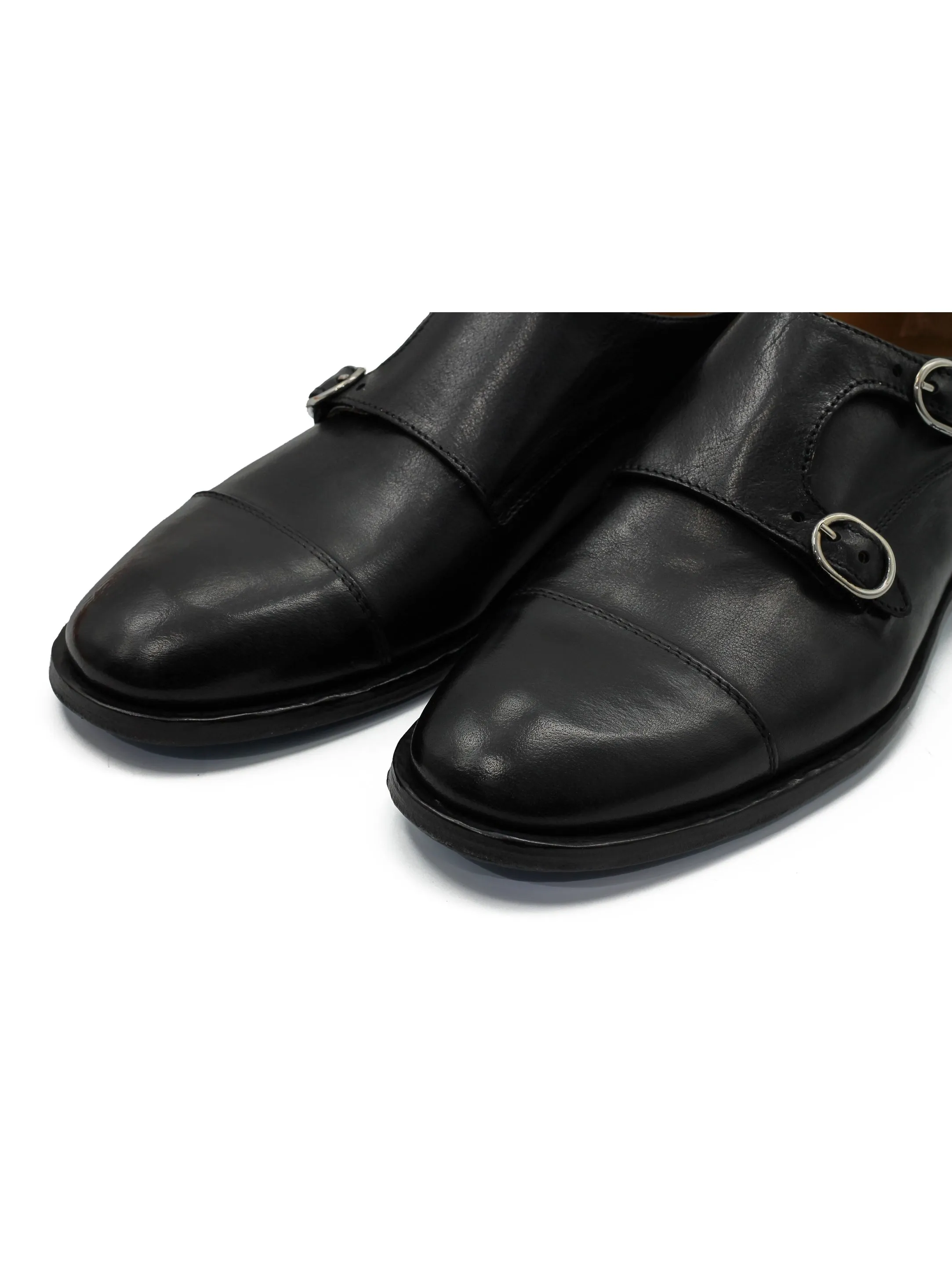 BLACK ITALIAN CALFSKIN DOUBLE BUCKLE MONK LOAFER