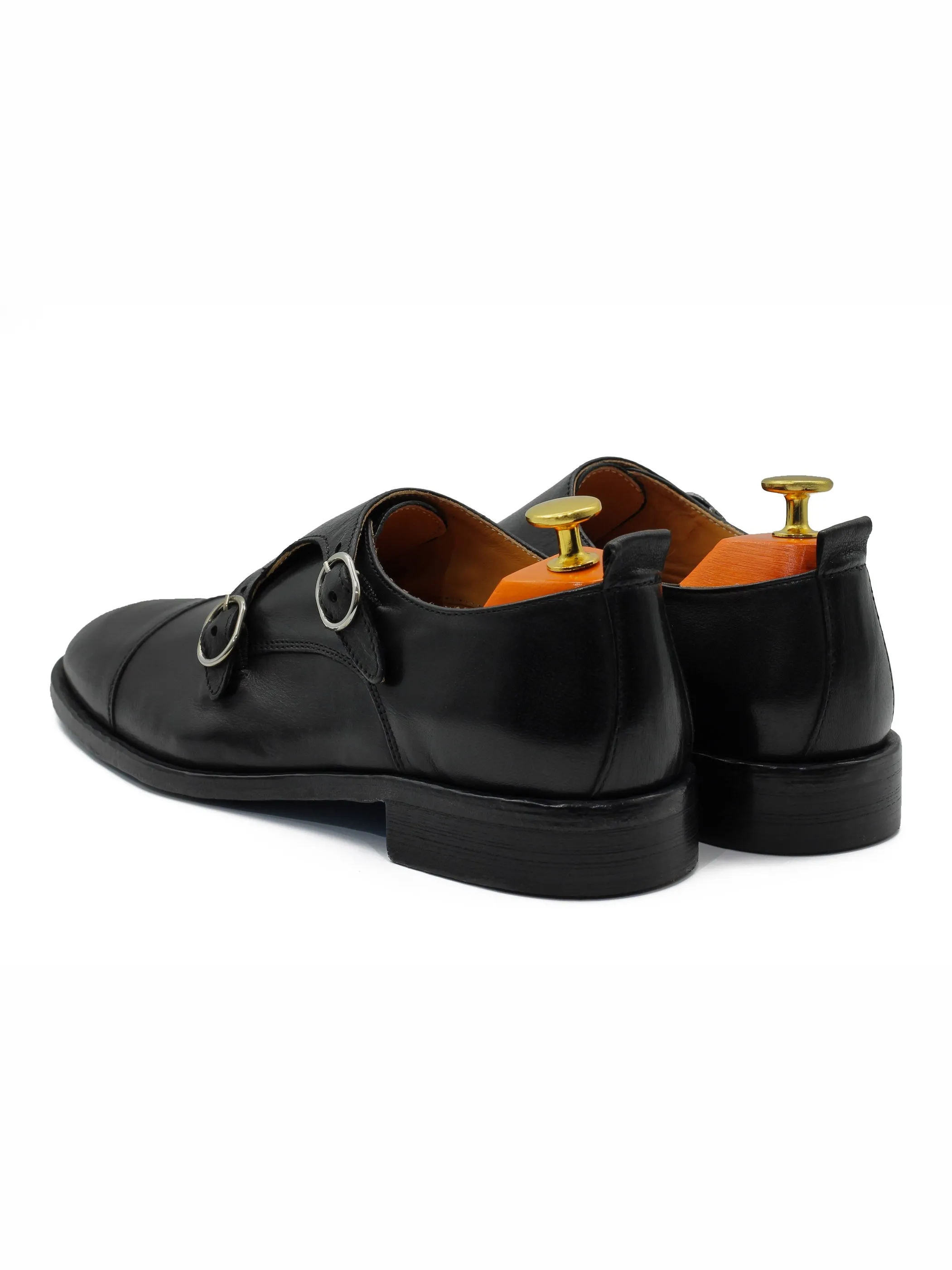 BLACK ITALIAN CALFSKIN DOUBLE BUCKLE MONK LOAFER