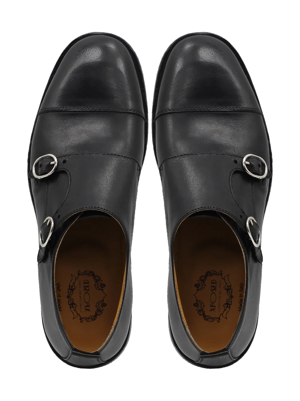 BLACK ITALIAN CALFSKIN DOUBLE BUCKLE MONK LOAFER