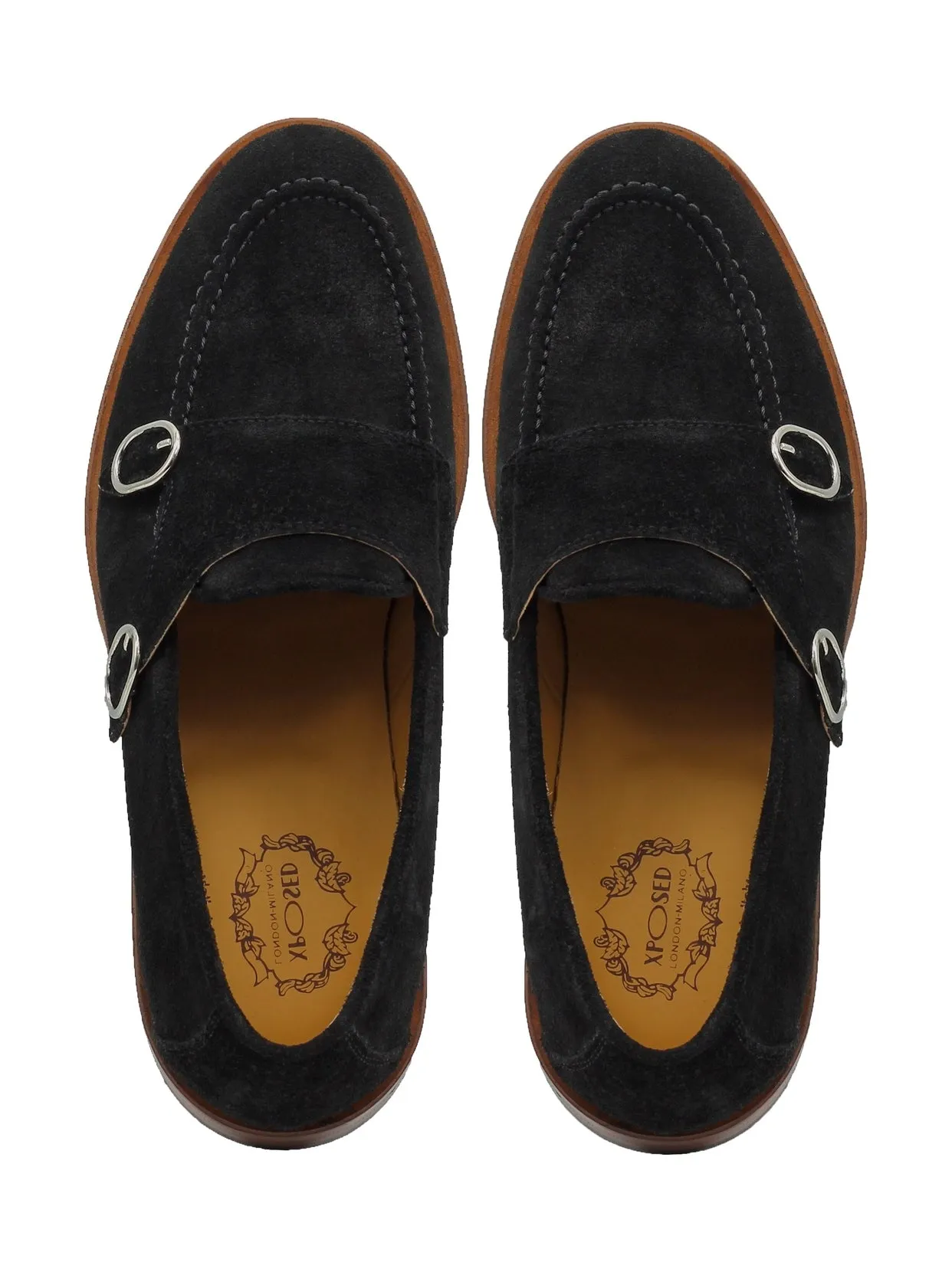 BLACK ITALIAN SUEDE DOUBLE BUCKLE MONK LOAFER