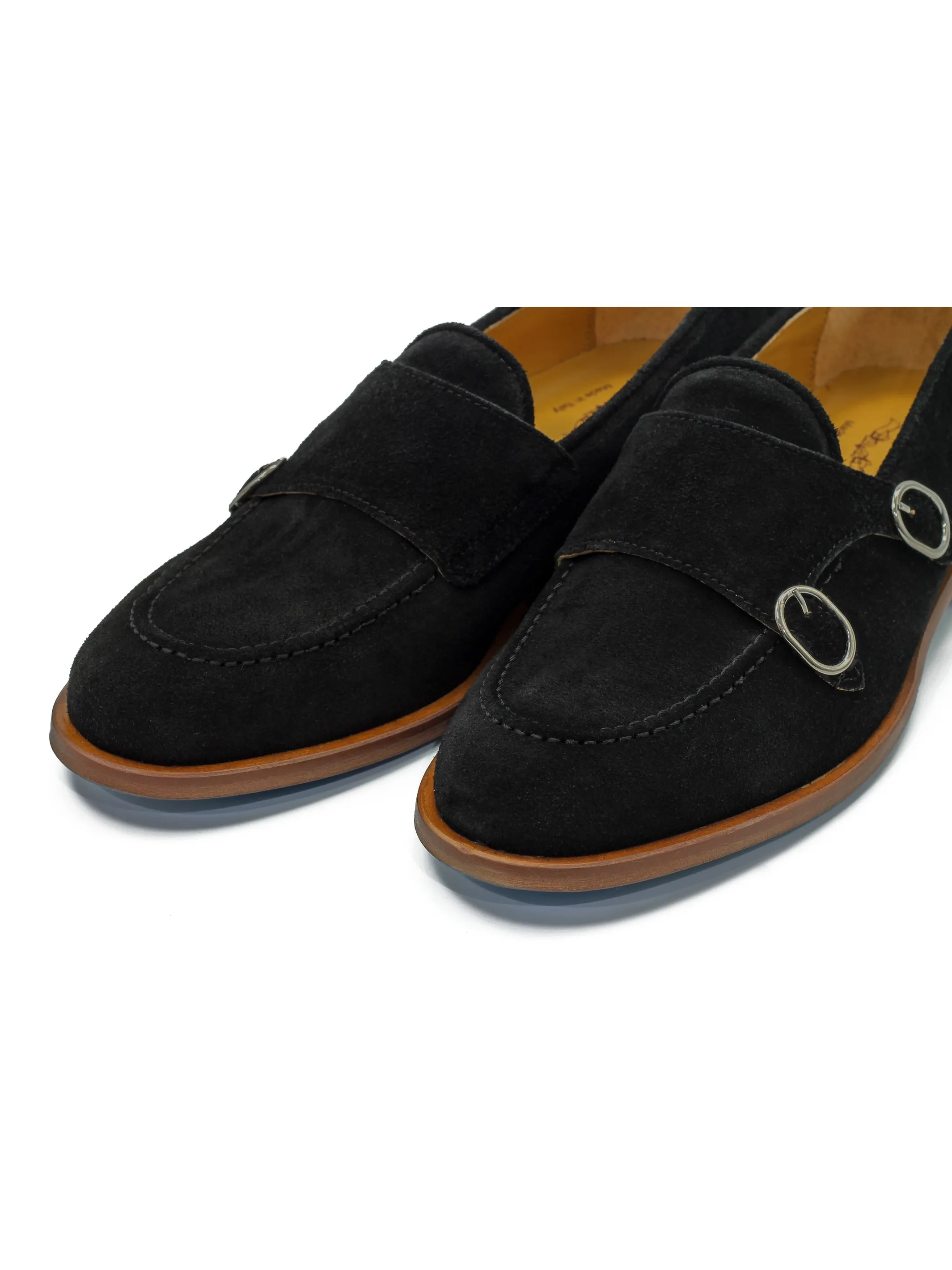 BLACK ITALIAN SUEDE DOUBLE BUCKLE MONK LOAFER