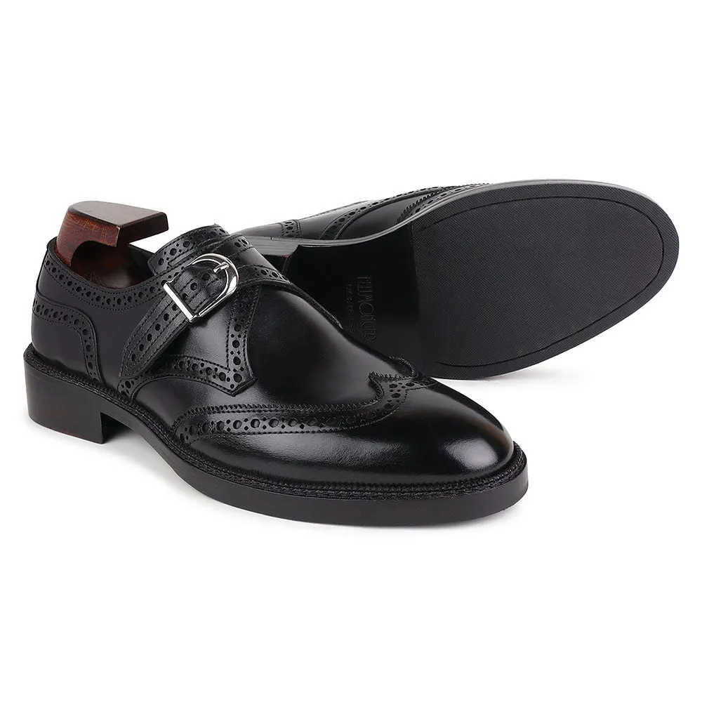 Black Mirror Glossed Brogue Detail Wigtip Single Monk