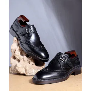 Black Mirror Glossed Brogue Detail Wigtip Single Monk