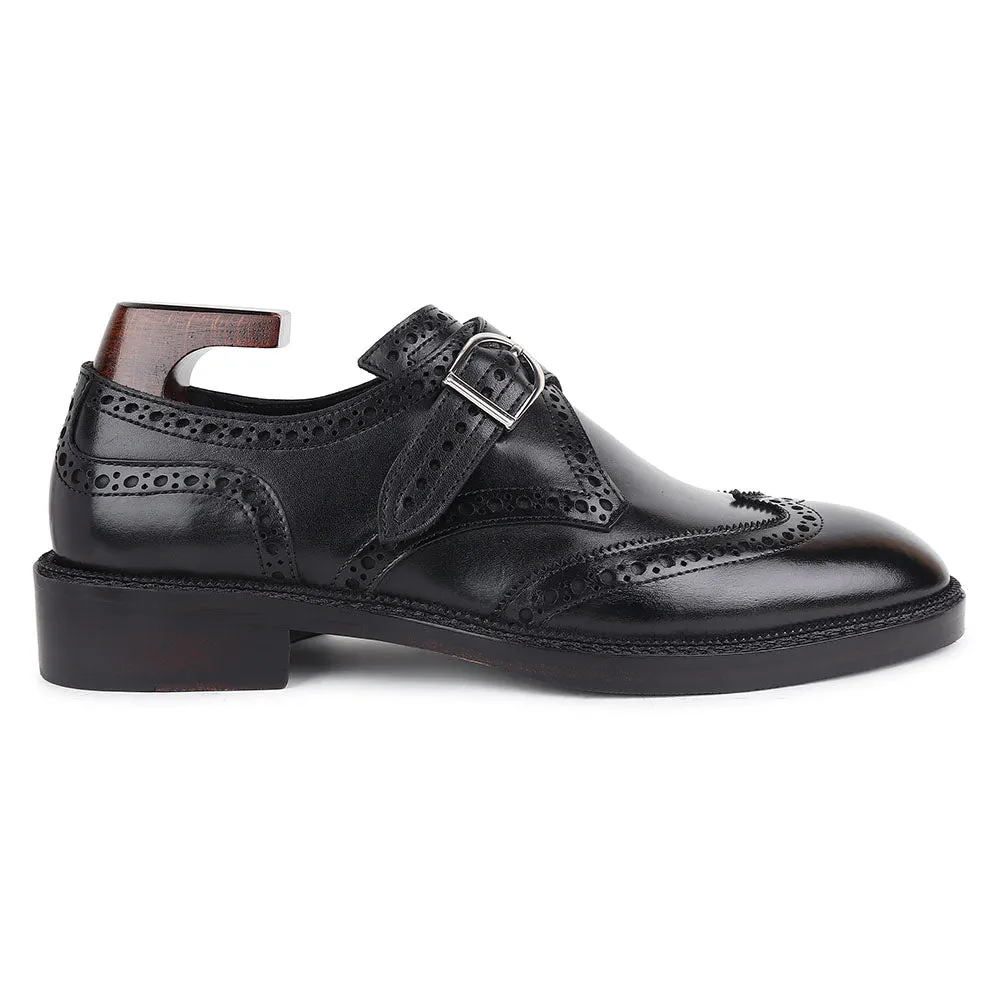 Black Mirror Glossed Brogue Detail Wigtip Single Monk