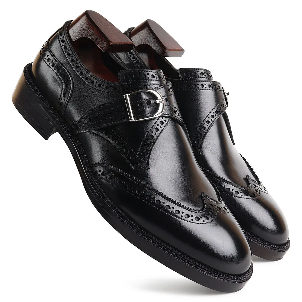 Black Mirror Glossed Brogue Detail Wigtip Single Monk