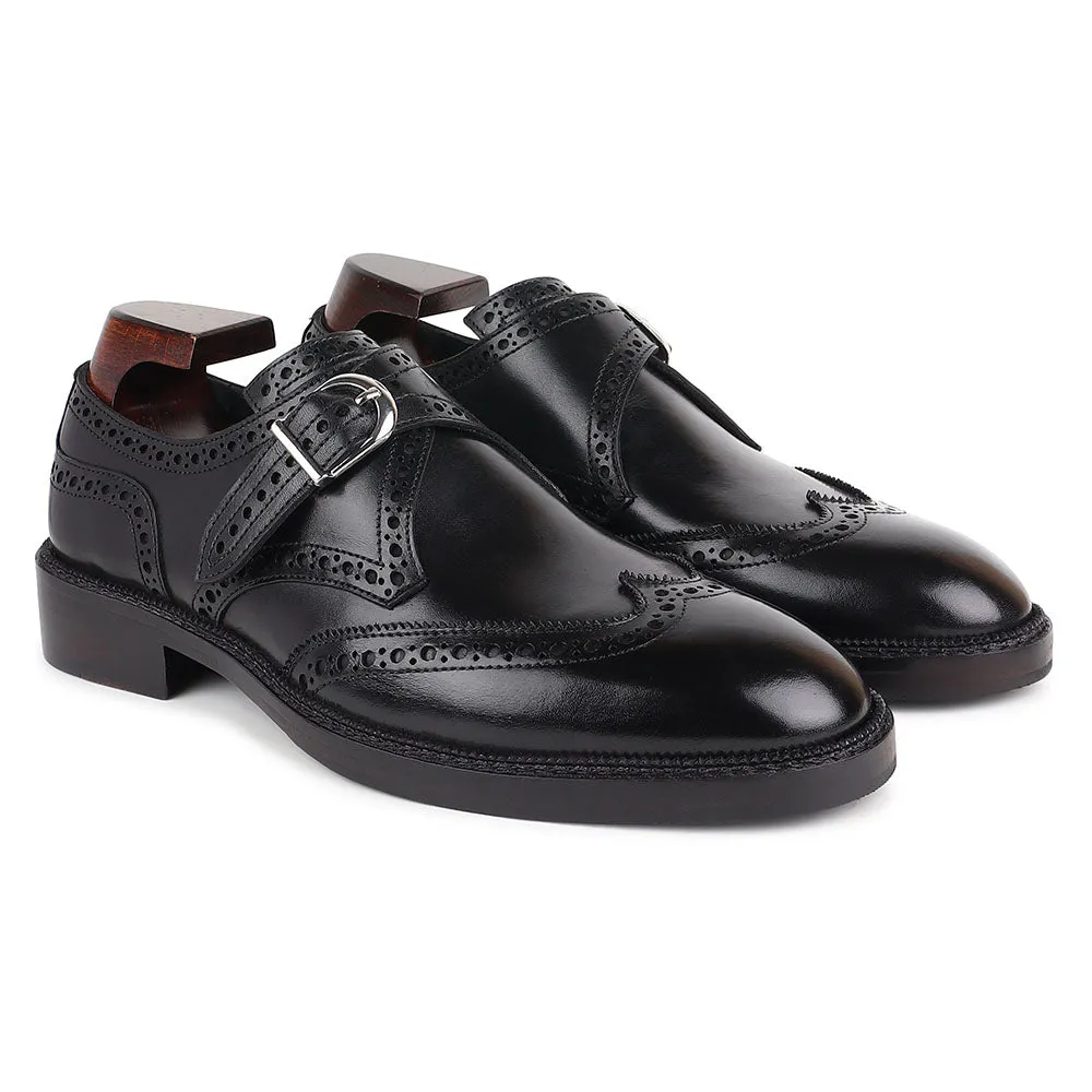 Black Mirror Glossed Brogue Detail Wigtip Single Monk