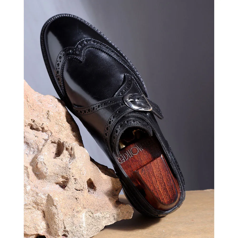Black Mirror Glossed Brogue Detail Wigtip Single Monk