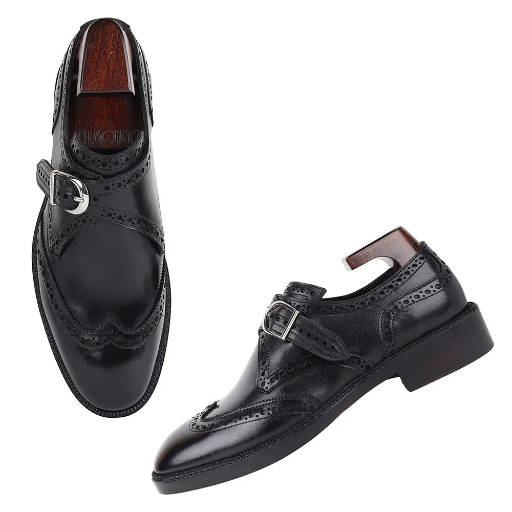 Black Mirror Glossed Brogue Detail Wigtip Single Monk