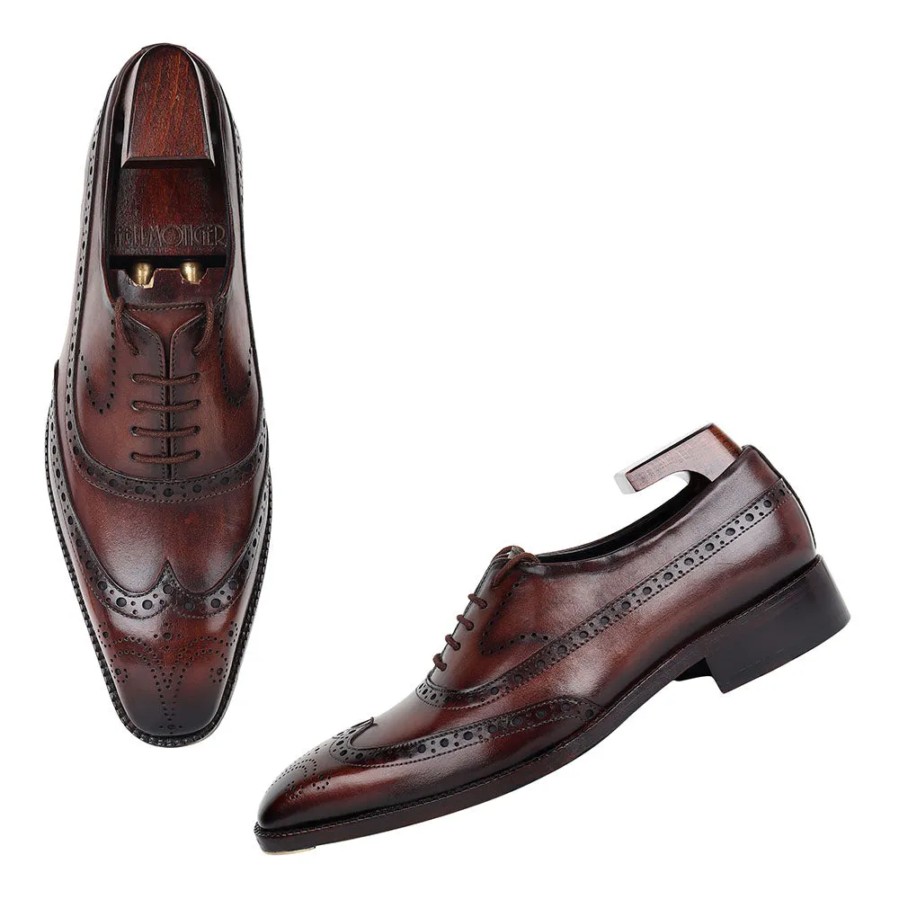 Brown Goodyear Welted Washed Mirror Glossed Patina Full Brogue Oxford   Fiddle Back Waist   Metal Toe