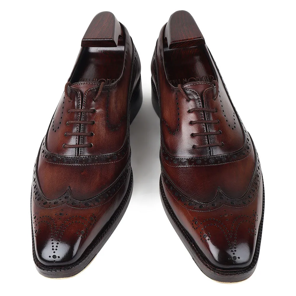 Brown Goodyear Welted Washed Mirror Glossed Patina Full Brogue Oxford   Fiddle Back Waist   Metal Toe
