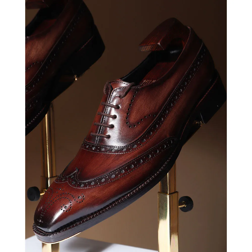 Brown Goodyear Welted Washed Mirror Glossed Patina Full Brogue Oxford   Fiddle Back Waist   Metal Toe