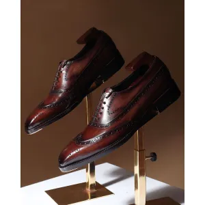 Brown Goodyear Welted Washed Mirror Glossed Patina Full Brogue Oxford   Fiddle Back Waist   Metal Toe