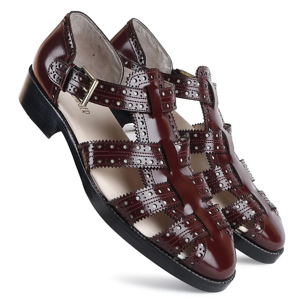 Burgundy Brushed Glossed Brogue Detail Sandal