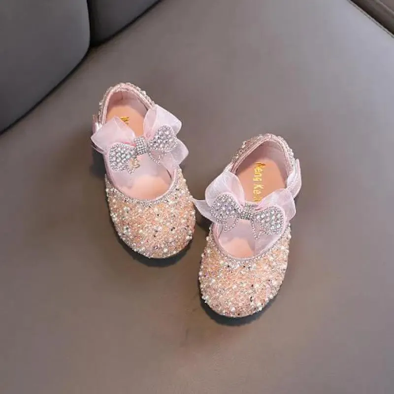 Children's Sequined Leather Shoes Girls Princess Rhinestone Bowknot Single Shoes Kids Wedding Shoes