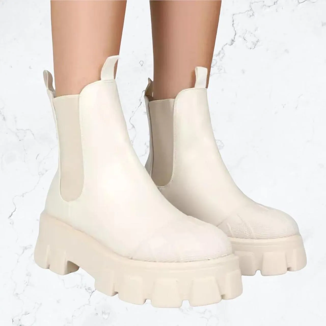 Cream Chunky Faux Leather Chelsea Boots