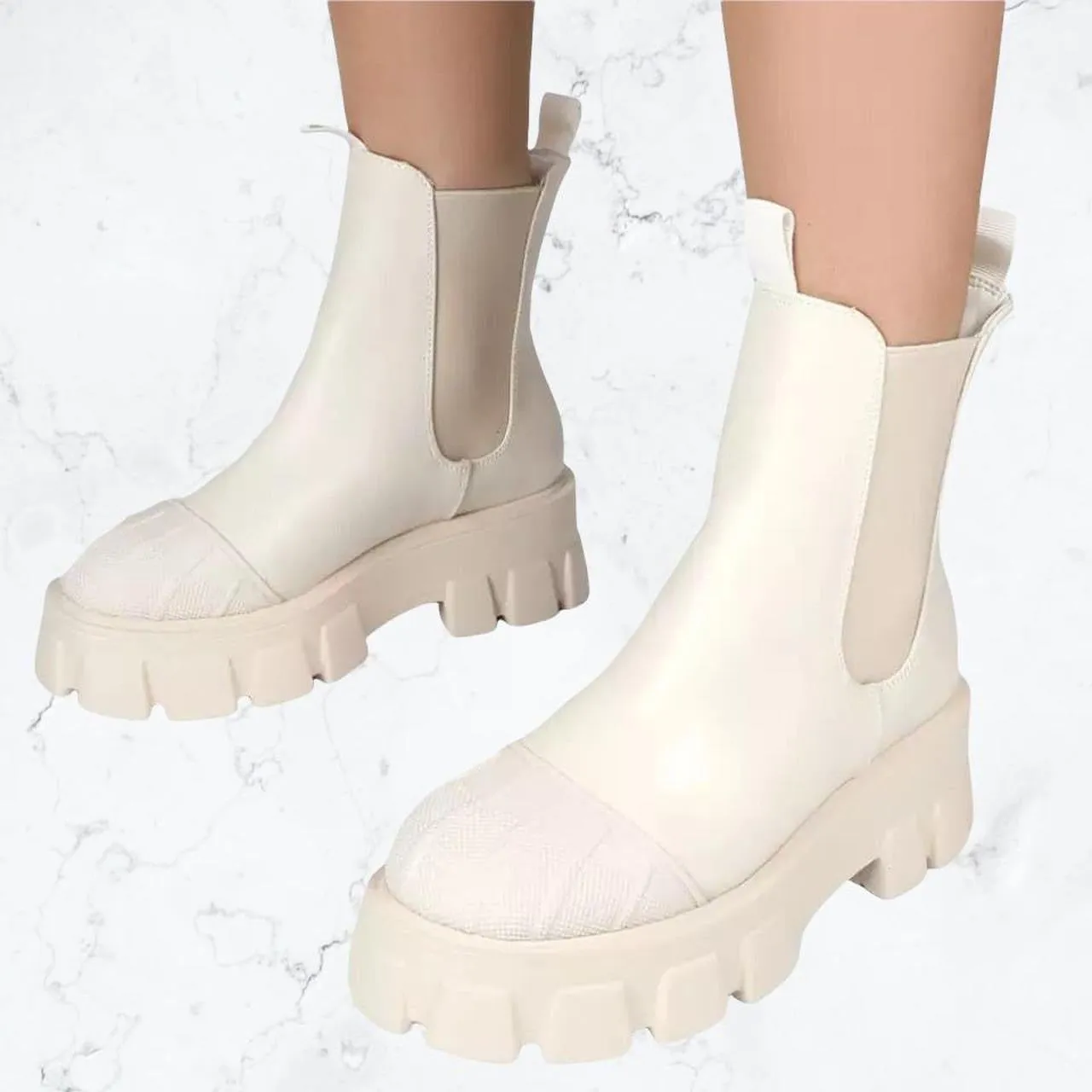 Cream Chunky Faux Leather Chelsea Boots