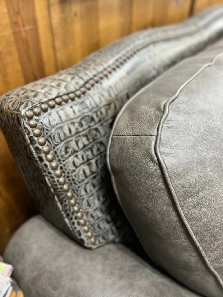 Custom Silverado Power Reclining Sofa in Fargo Grey and Aged Gator