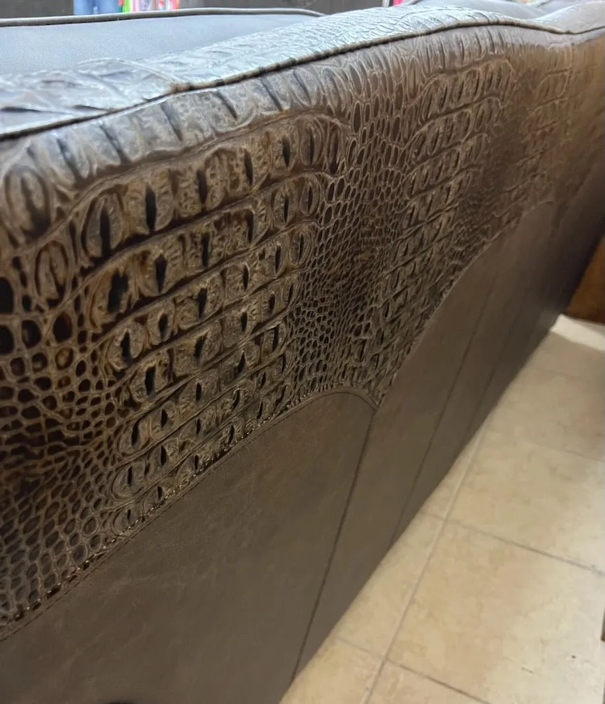 Custom Silverado Power Reclining Sofa in Fargo Grey and Aged Gator