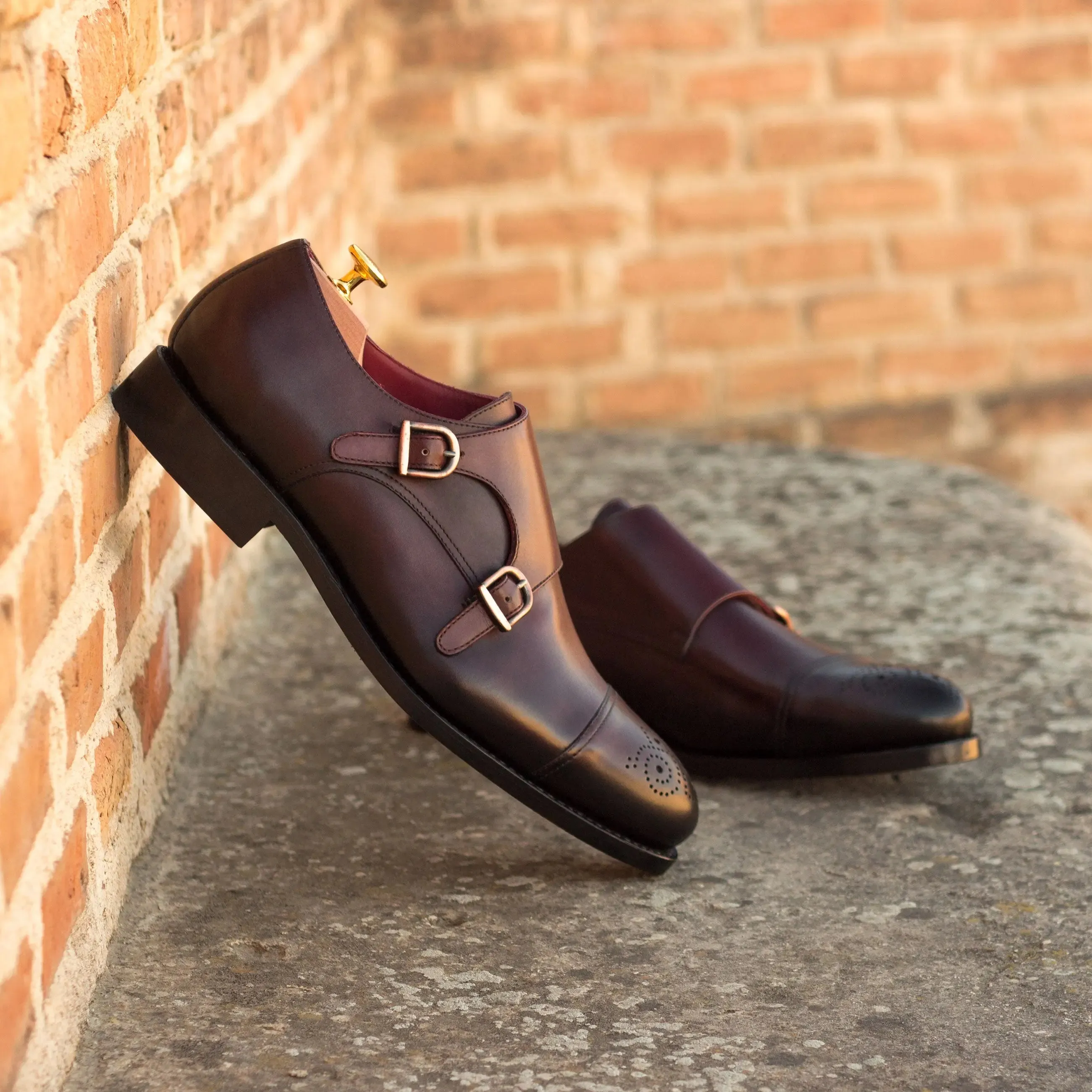 DapperFam Monaco in Burgundy Men's Italian Leather Double Monk