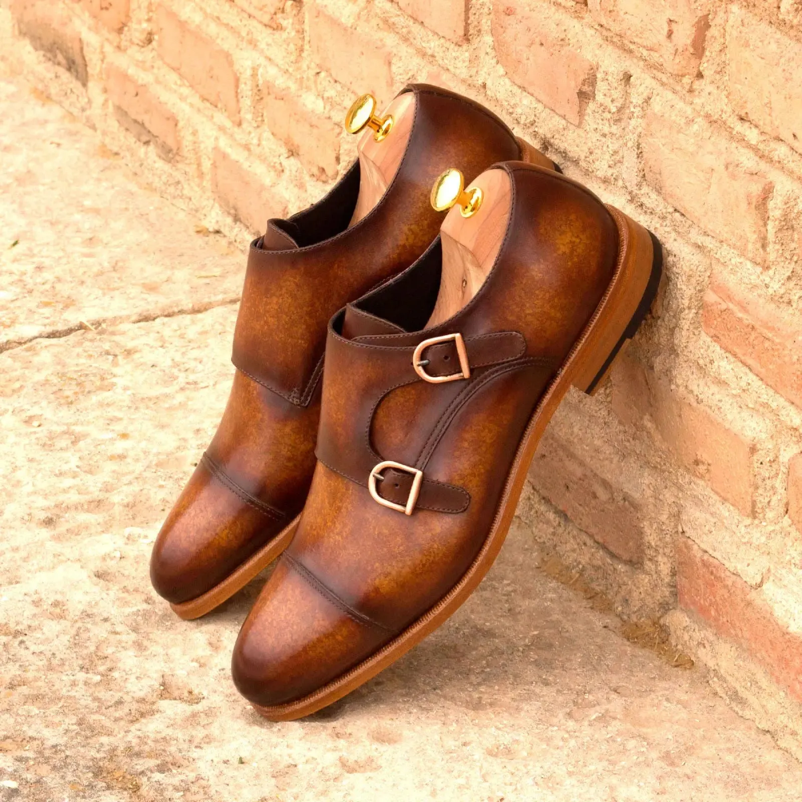 DapperFam Monaco in Cognac Men's Hand-Painted Patina Double Monk