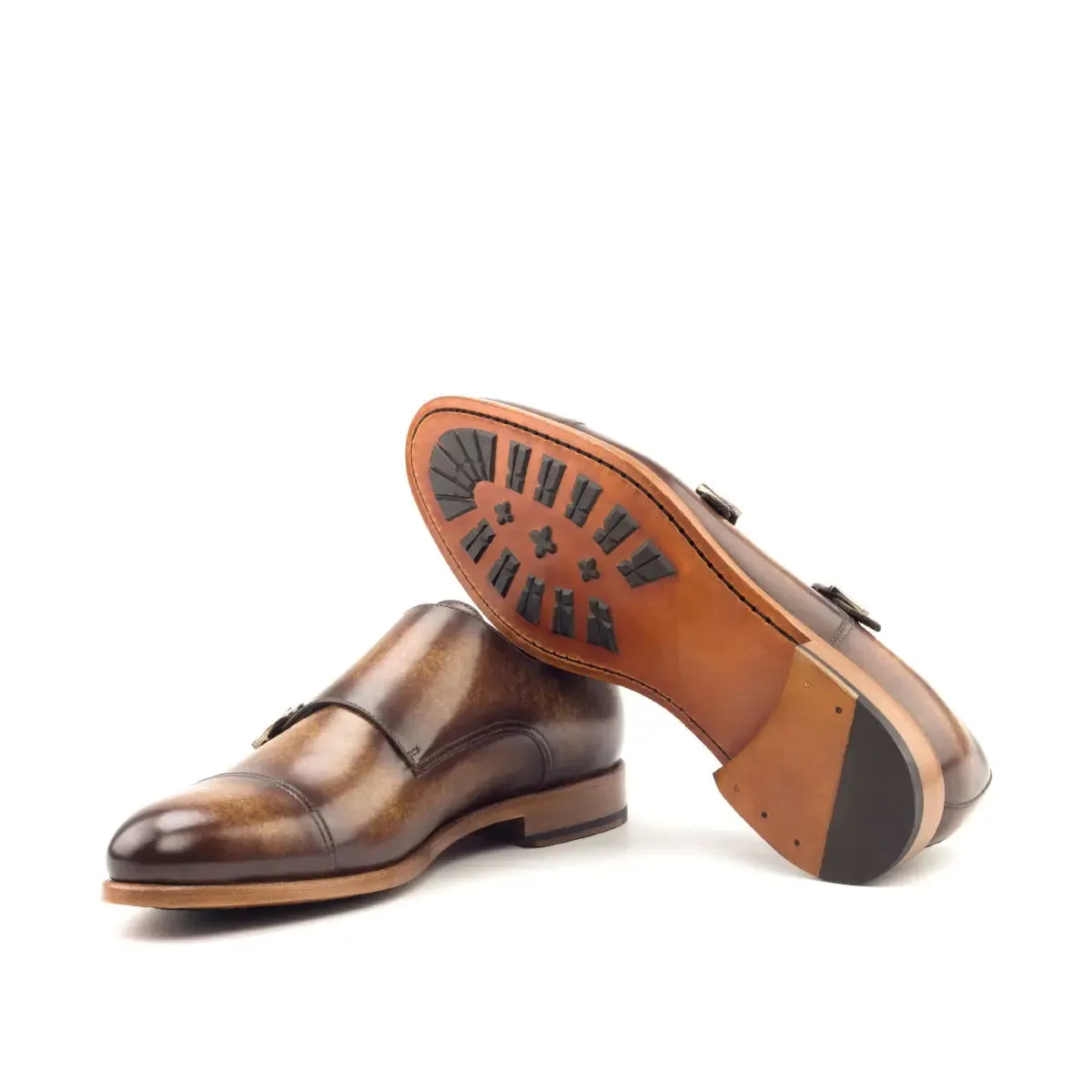 DapperFam Monaco in Cognac Men's Hand-Painted Patina Double Monk