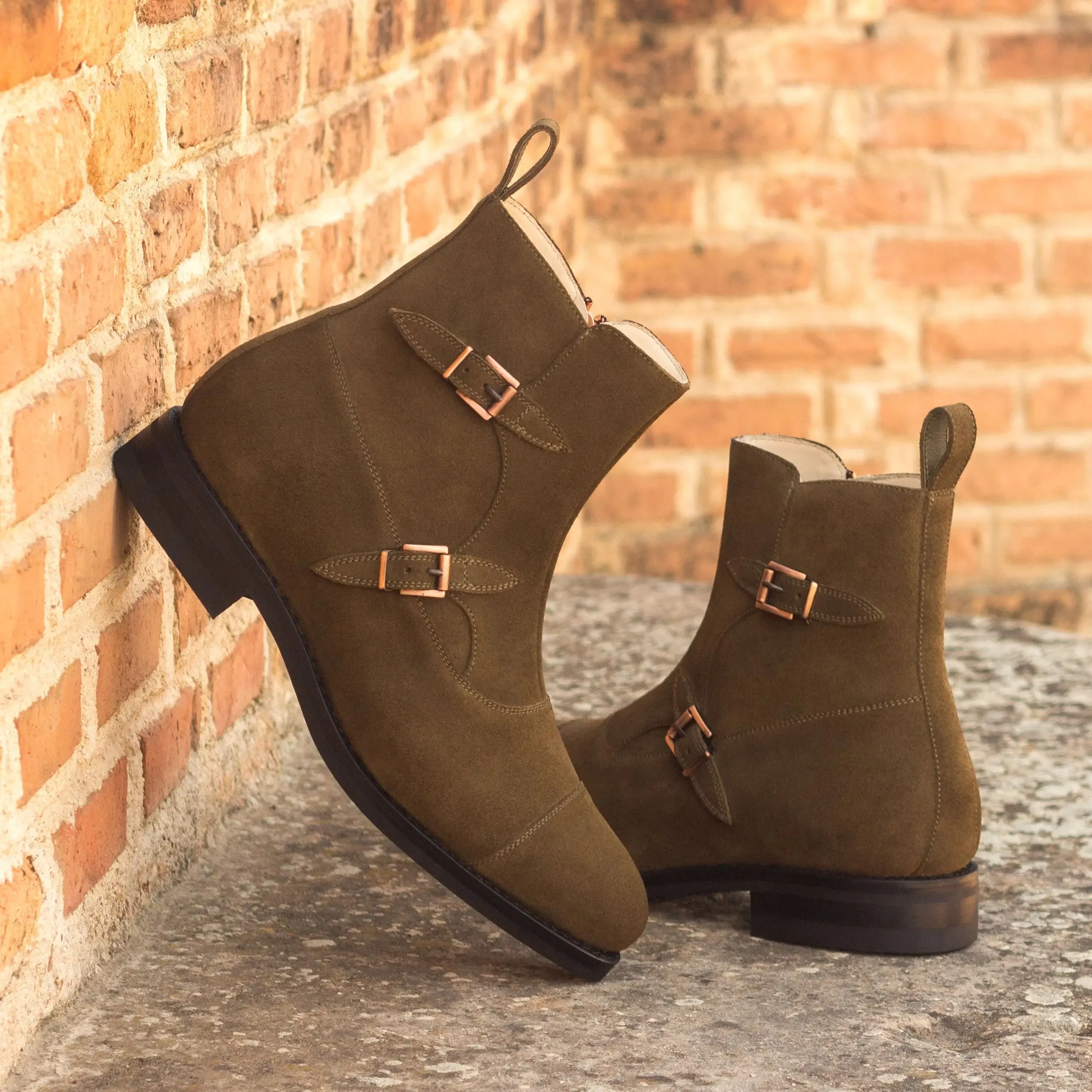 DapperFam Octavian in Khaki Men's Lux Suede Buckle Boot