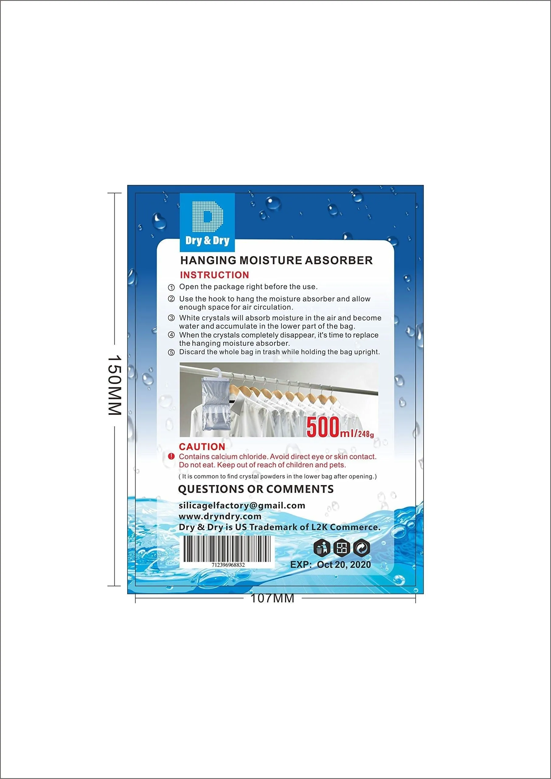 Dry & Dry 72 Packs [Net 9 Oz/Pack] Premium Hanging Moisture Absorber to Control Excess Moisture for Basements, Closets, Bathrooms, Laundry Rooms.