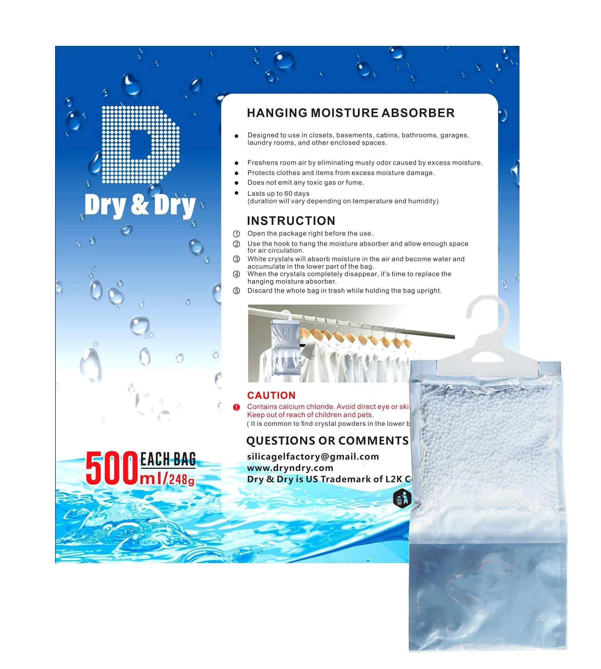 Dry & Dry 72 Packs [Net 9 Oz/Pack] Premium Hanging Moisture Absorber to Control Excess Moisture for Basements, Closets, Bathrooms, Laundry Rooms.