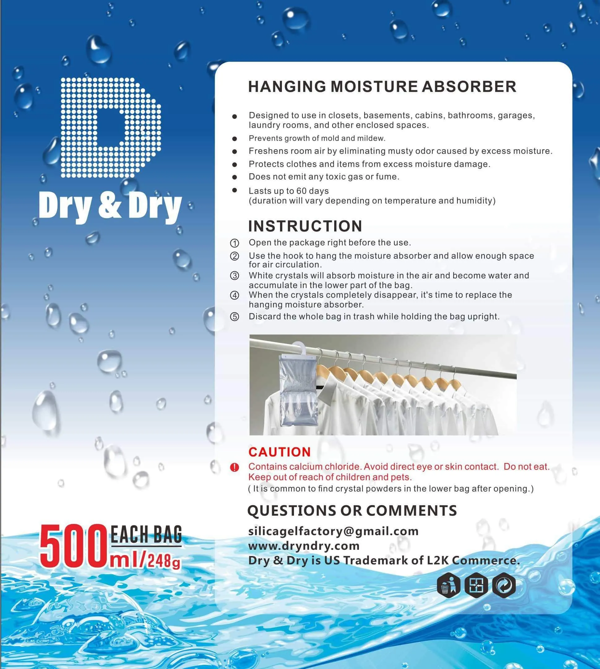 Dry & Dry 72 Packs [Net 9 Oz/Pack] Premium Hanging Moisture Absorber to Control Excess Moisture for Basements, Closets, Bathrooms, Laundry Rooms.