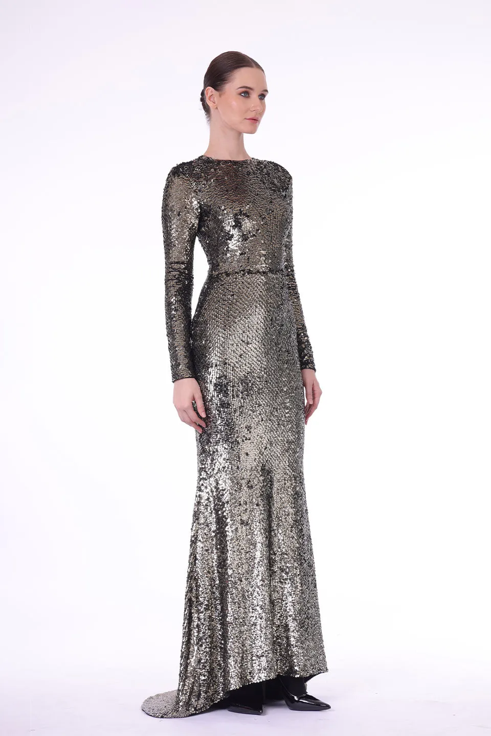 Hand embroidered sequined gold gown