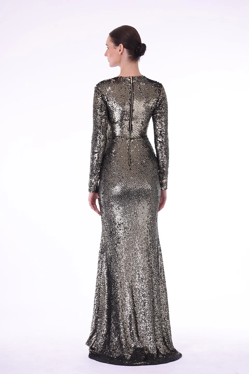 Hand embroidered sequined gold gown