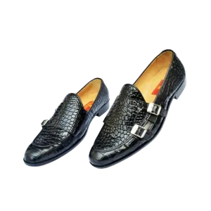 Handmade Black Crocodile Texture Leather Double Monk Shoes
