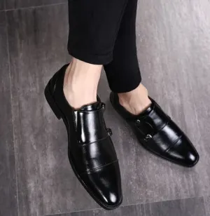 Handmade Black Leather Double Monk Strap Dress Shoes