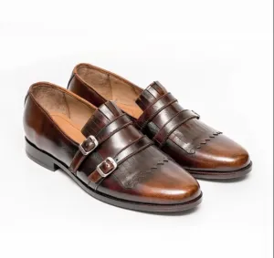 Handmade Brown Leather Double Monk Business Shoes for Men