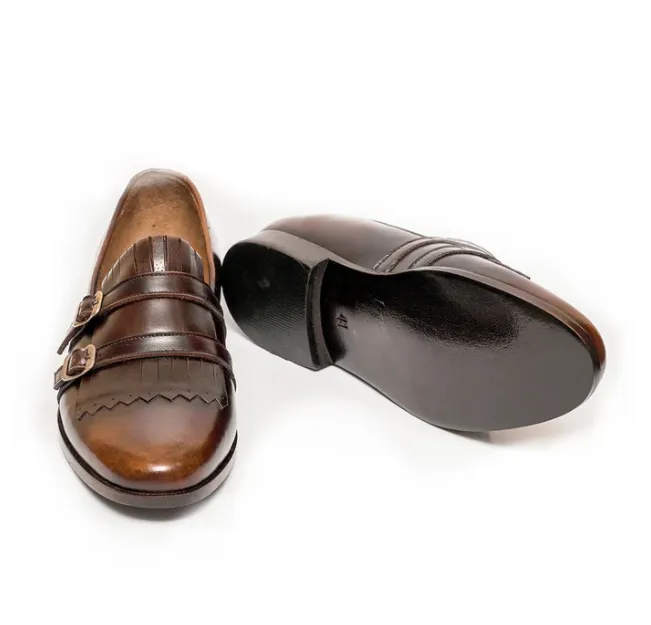 Handmade Brown Leather Double Monk Business Shoes for Men