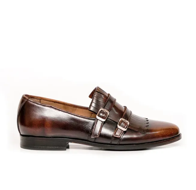 Handmade Brown Leather Double Monk Business Shoes for Men