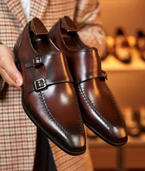Handmade Brown Leather Double Monk Shoes for Men