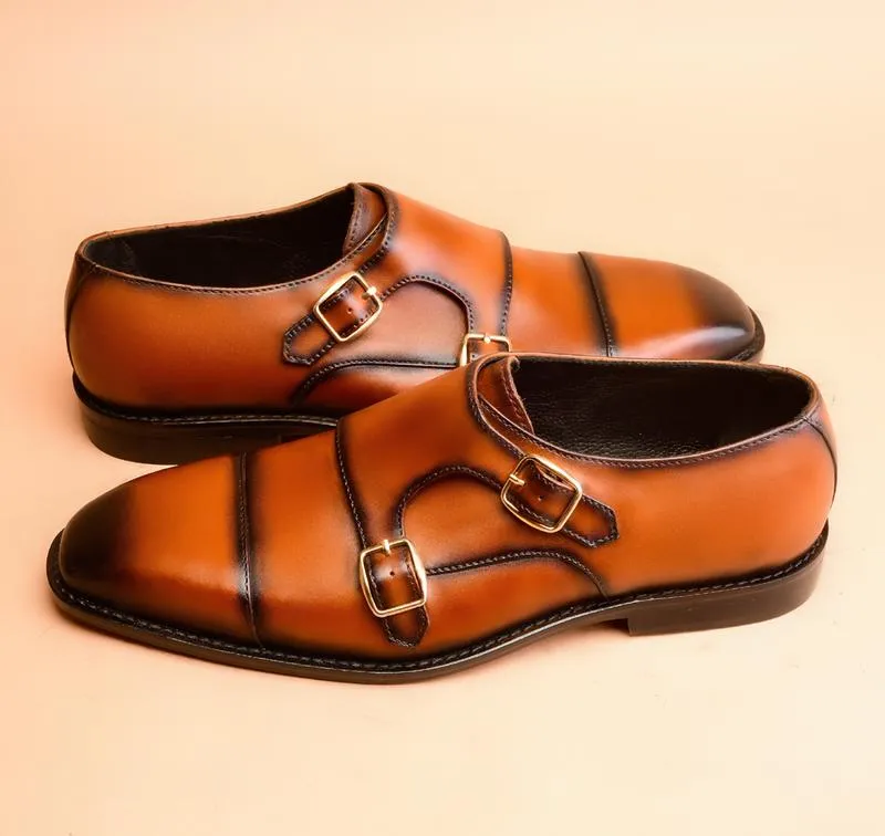 Handmade Tan Brown Leather Double Monk Shoes for Men