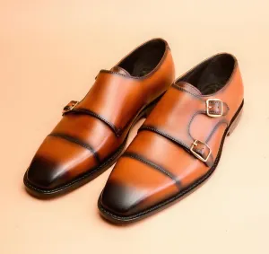 Handmade Tan Brown Leather Double Monk Shoes for Men