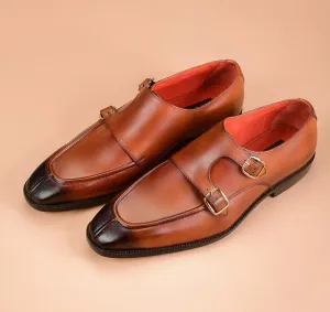 Handmade Tan Leather Double Monk Shoes for Men