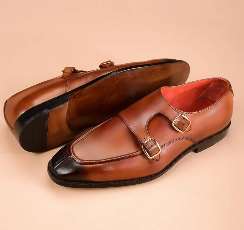 Handmade Tan Leather Double Monk Shoes for Men