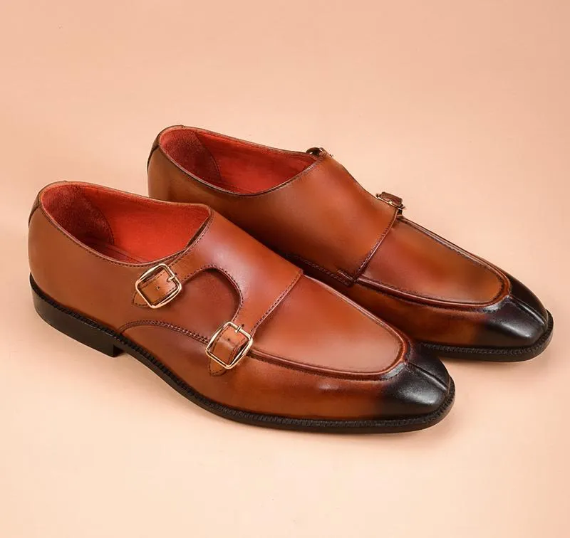 Handmade Tan Leather Double Monk Shoes for Men